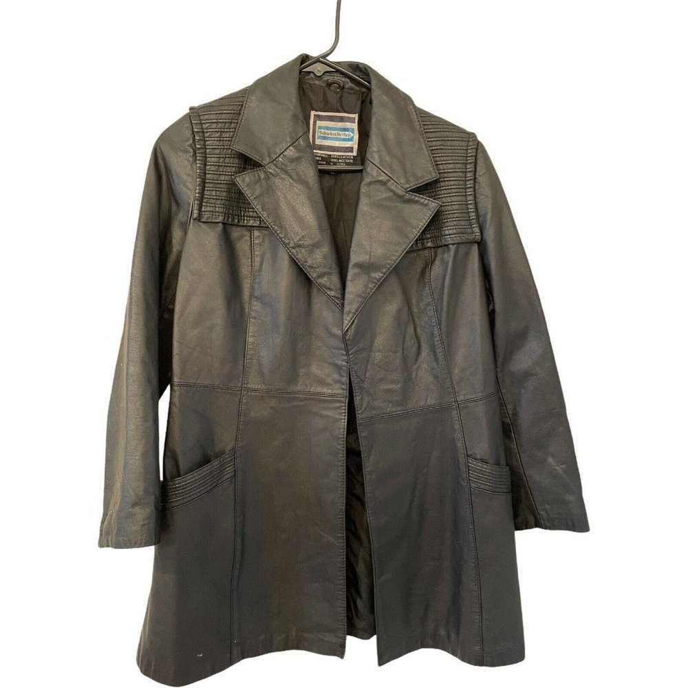 Suburban Heritage Womens Leather Jacket Black Wait Length Open Collar Pockets 12